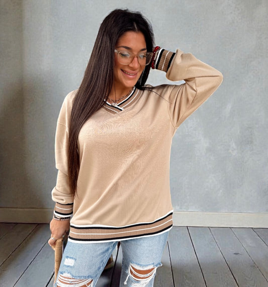 Varsity Contrast Striped Beige Sweatshirt Top