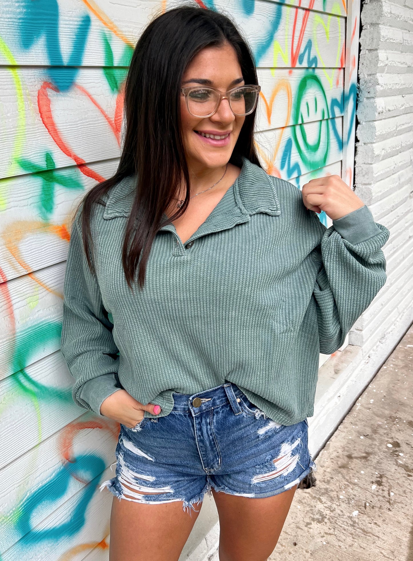 Olive waffle Collar crop Sweater