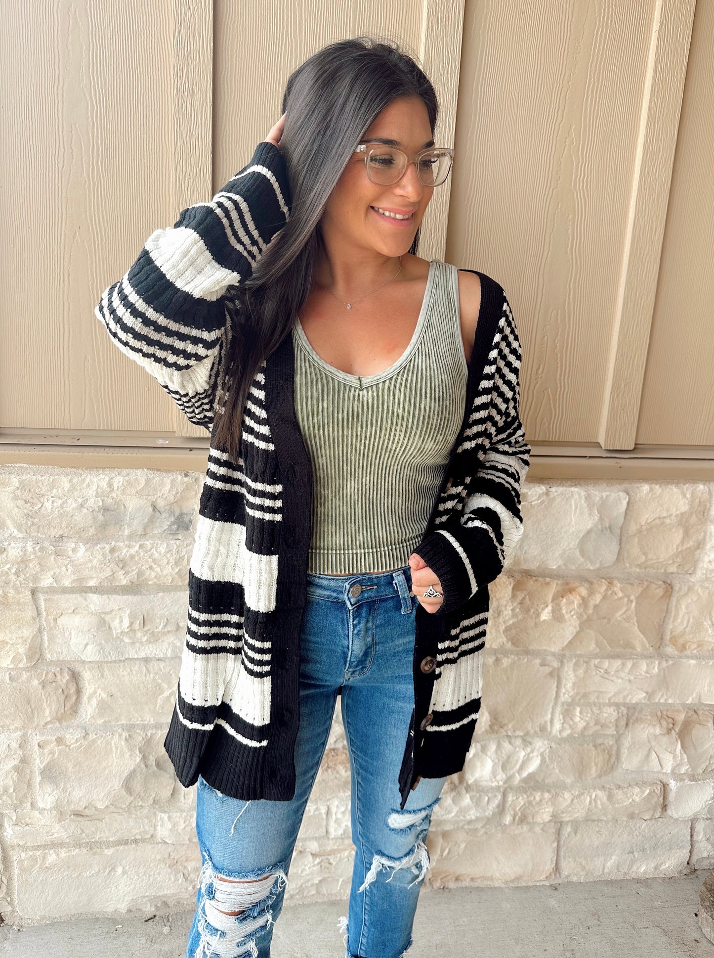 Black Colorblock Button Down Sweater