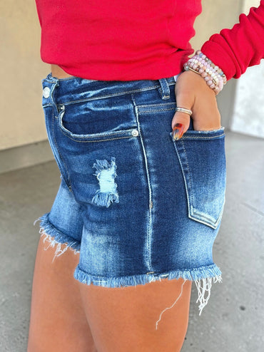 Darla Dark Wash Raw Frayed Denim Shorts