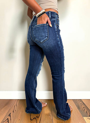 Kara Distressed Mid-Rise Flare Jeans