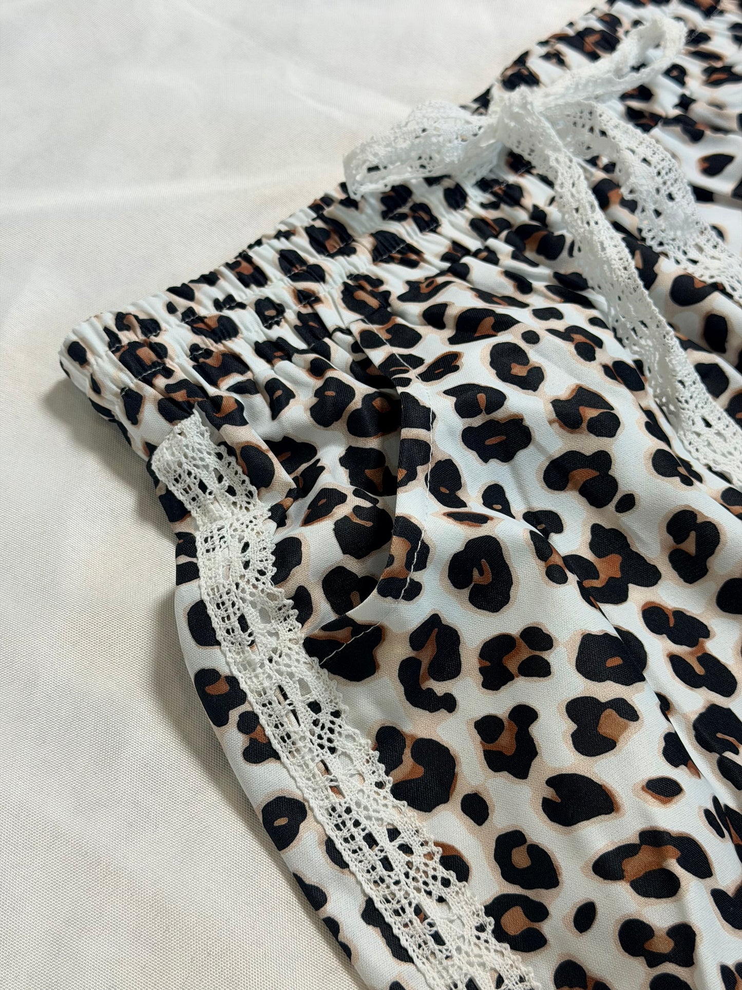 White Leopard Lace Detail Pants