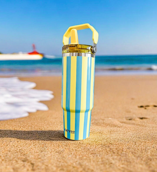Yellow And Teal Striped Tumbler with Handle