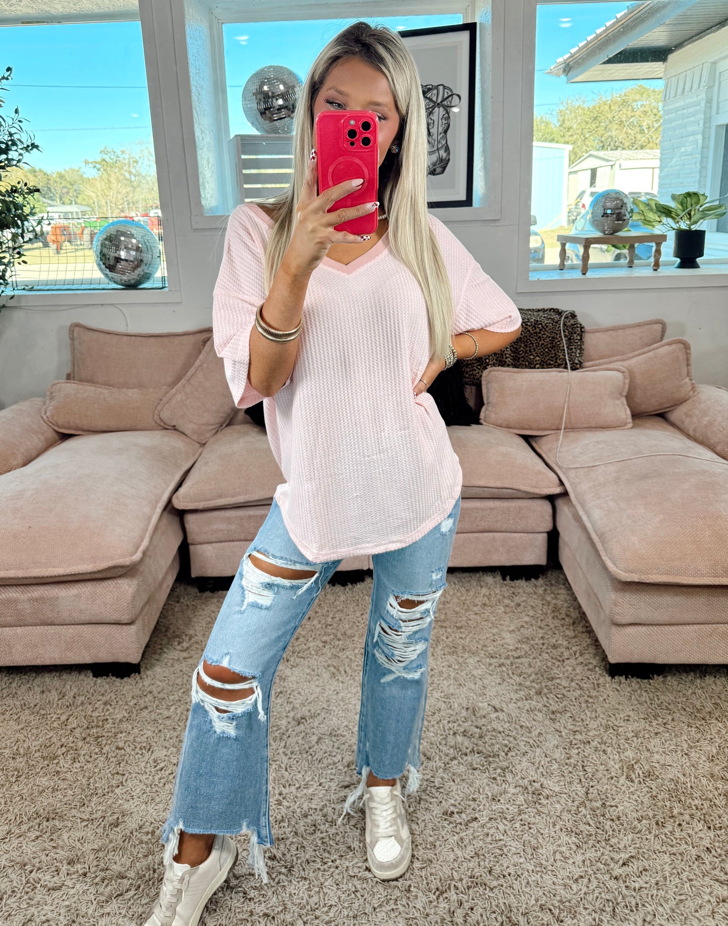 Bubblegum Breeze Drop Shoulder V-Neck Top