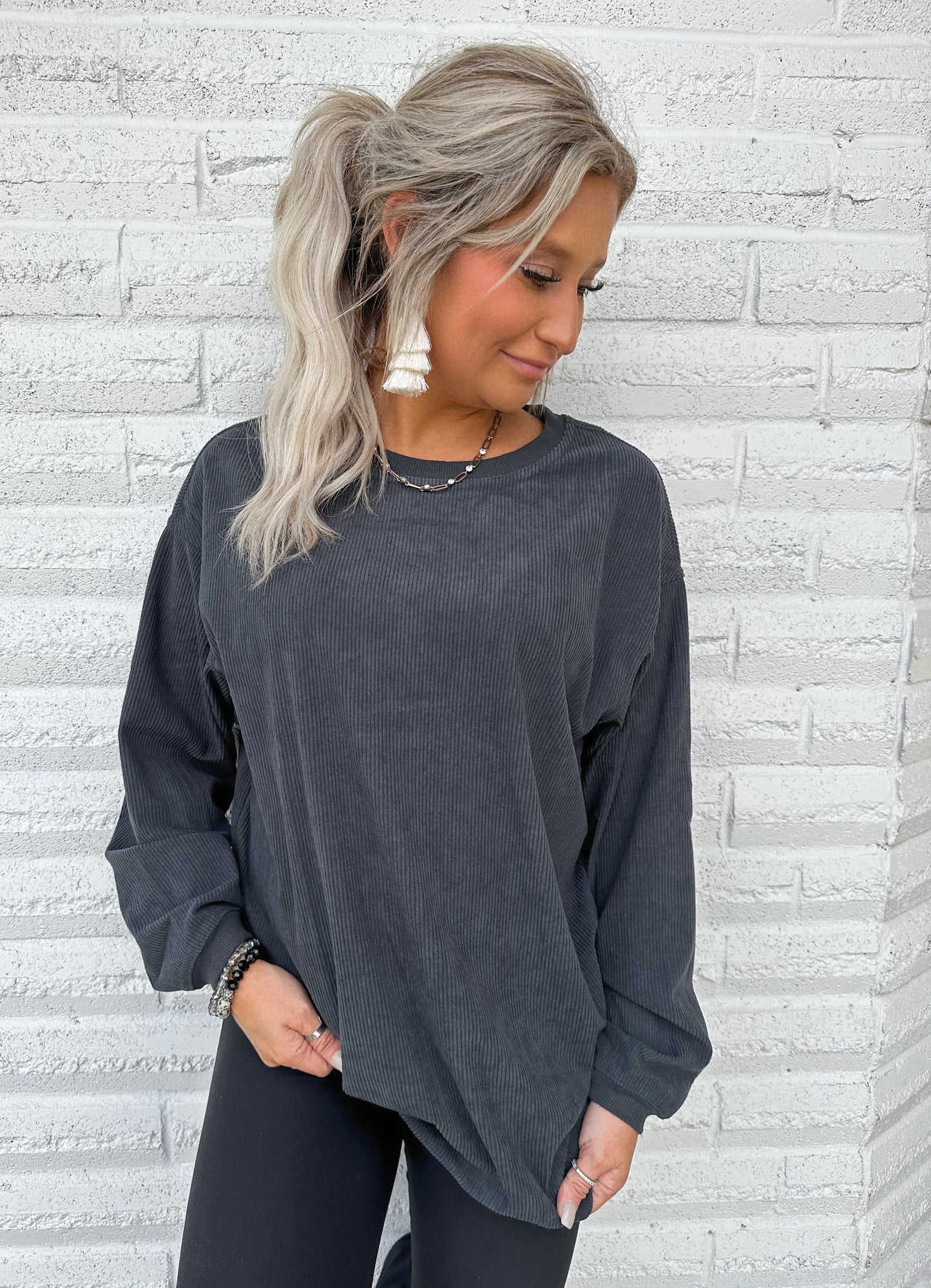 Dark Grey Solid Ribbed Top