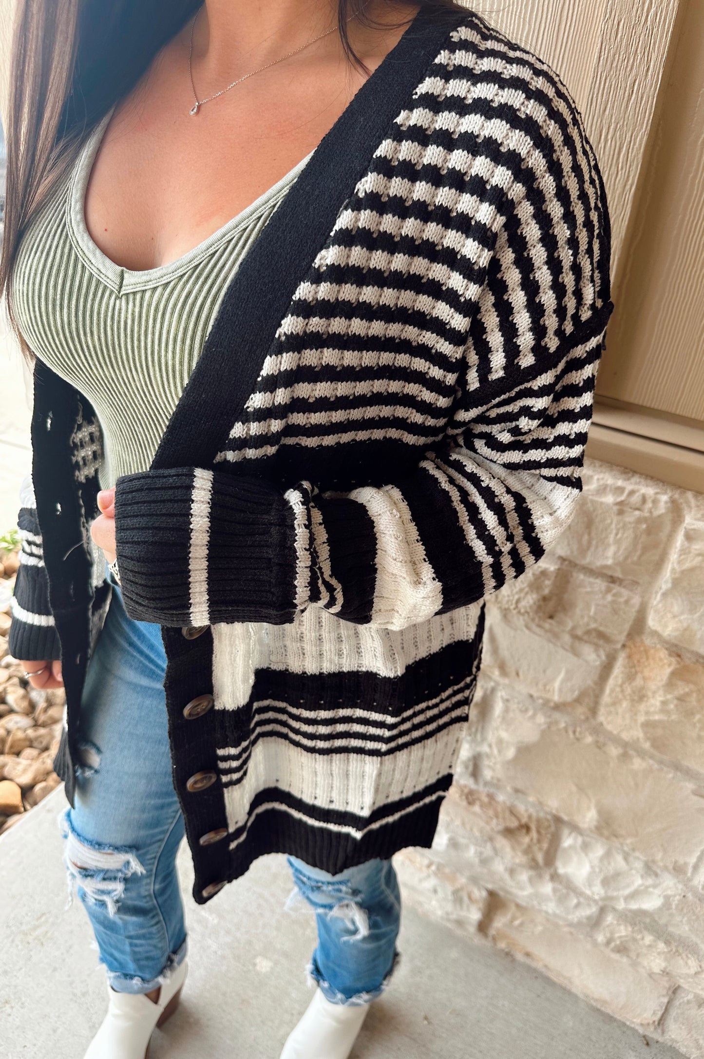 Black Colorblock Button Down Sweater