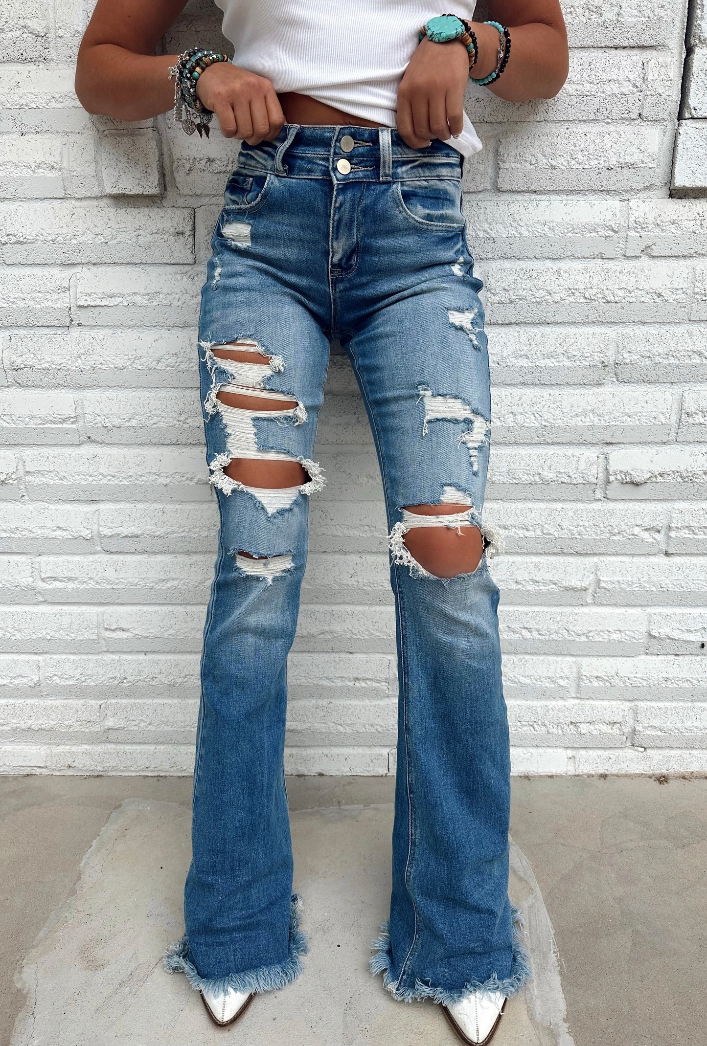 LIGHT WASH Route 507 Milestone Distressed Denim Flare Jeans