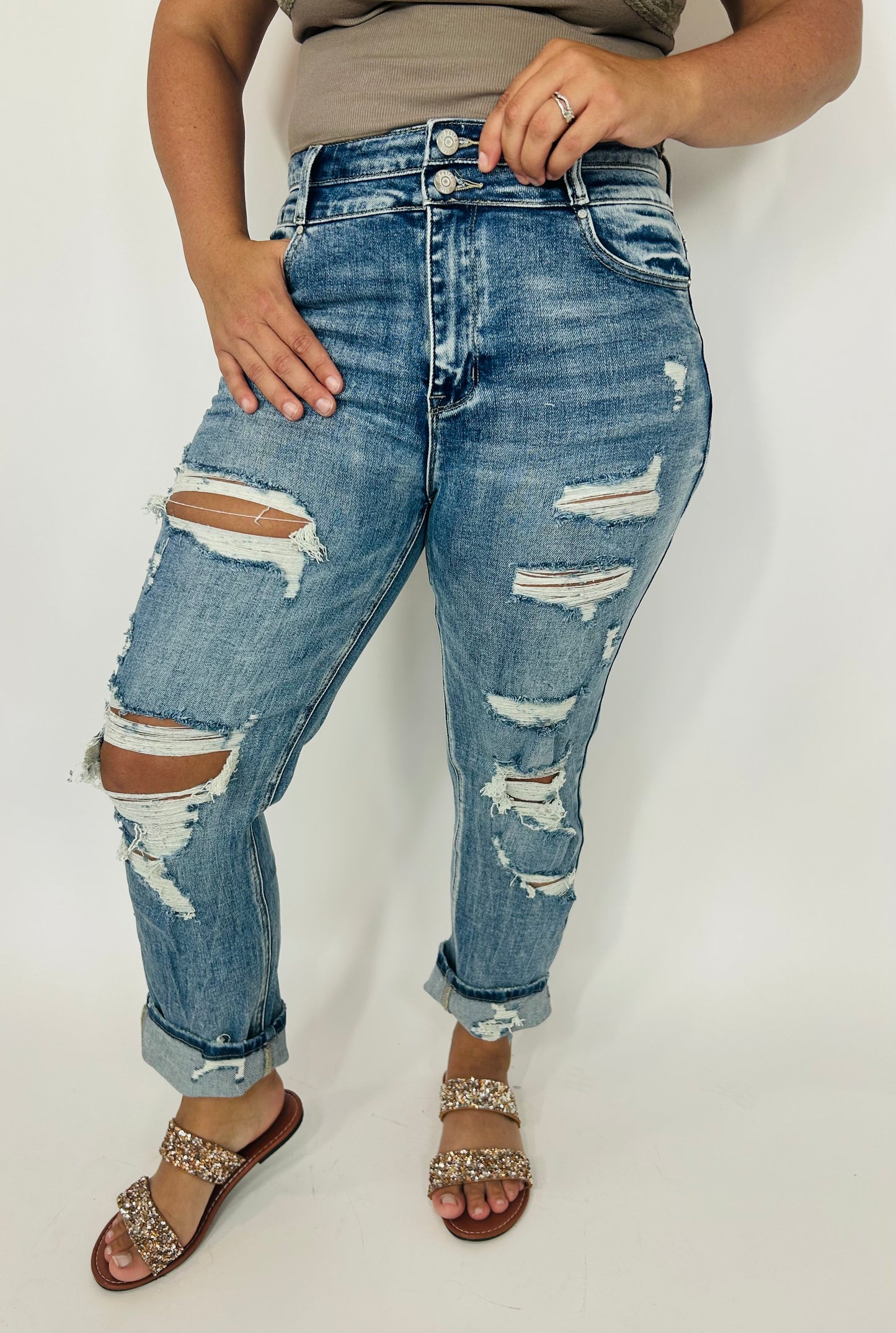 Dana Double Button Distressed High Rise Jeans
