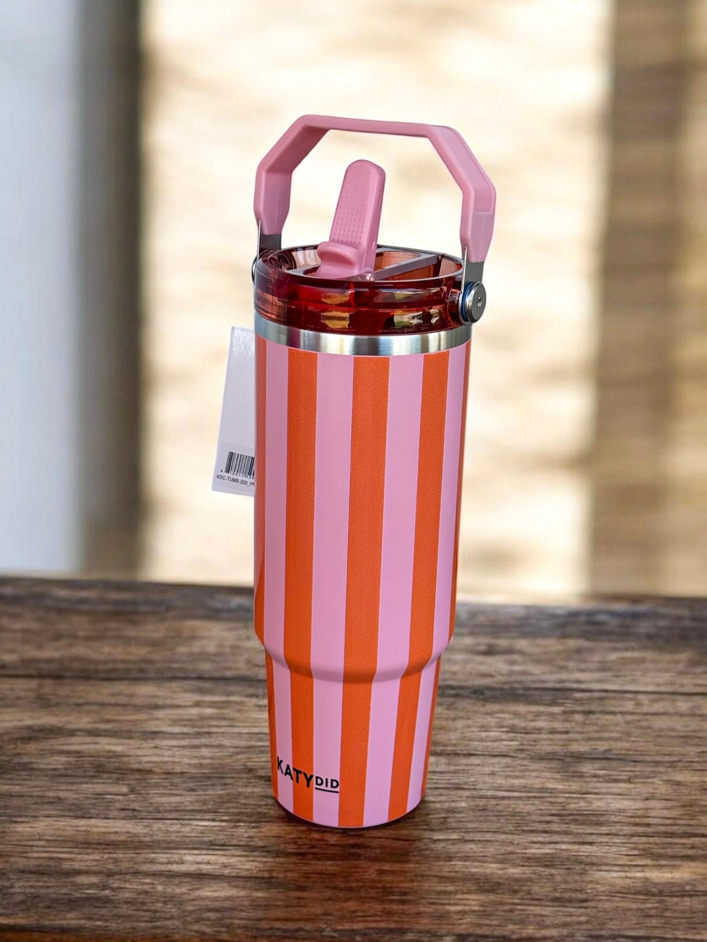 Pink And Orange Striped Tumbler with Handle