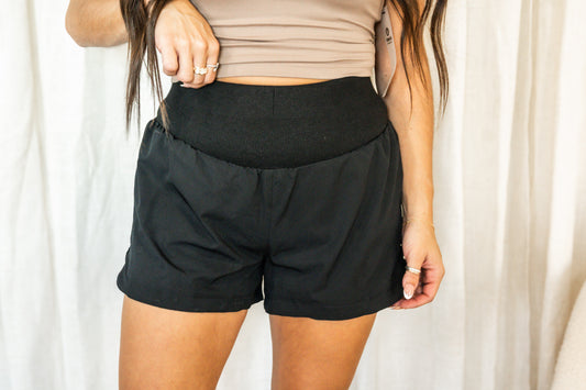 Black Ribbed High Waist Active Shorts