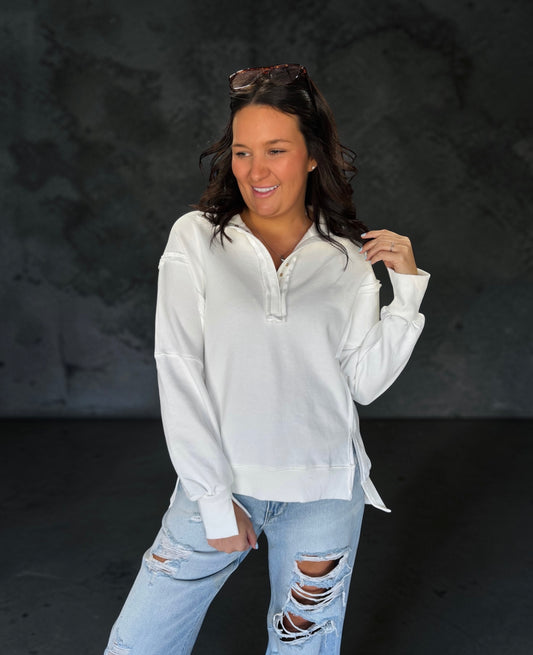 Buttoned Edge Collared Sweatshirt Top