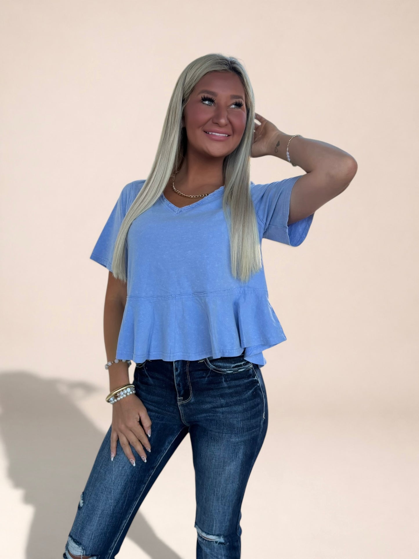 Mineral Wash Lace V‑Neck Top
