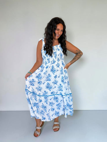 Blue Petal Shirred Maxi Dress