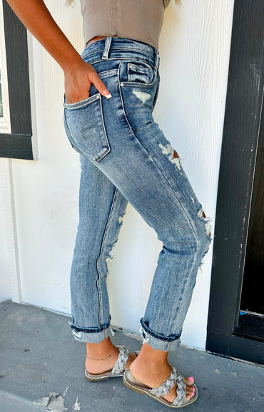 Dana Double Button Distressed High Rise Jeans