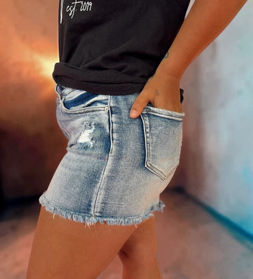 Ivy Light Wash Raw Frayed Denim Shorts