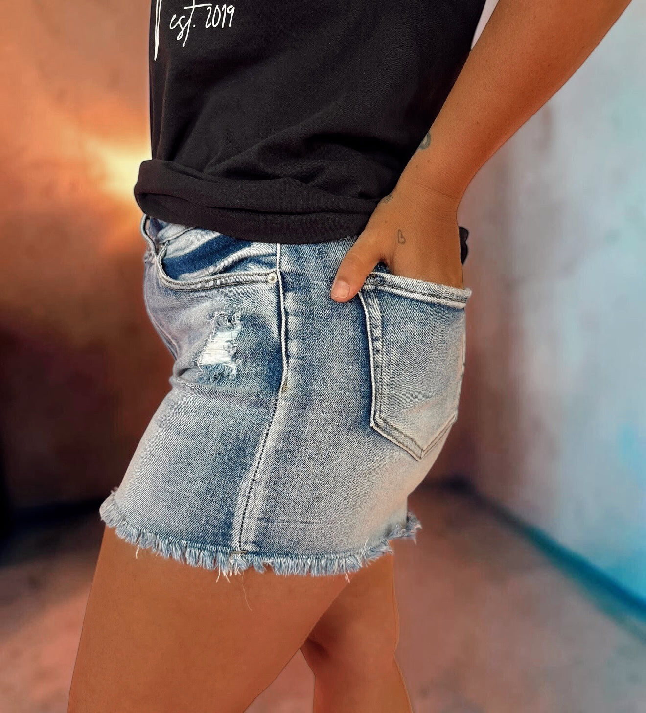 Ivy Light Wash Raw Frayed Denim Shorts
