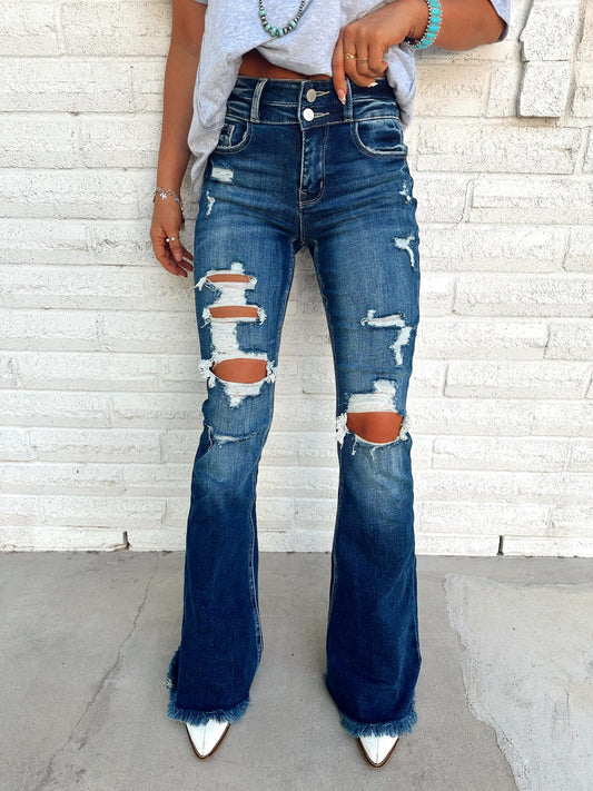 DARK WASH Route 507 Milestone Distressed Denim Flare Jeans