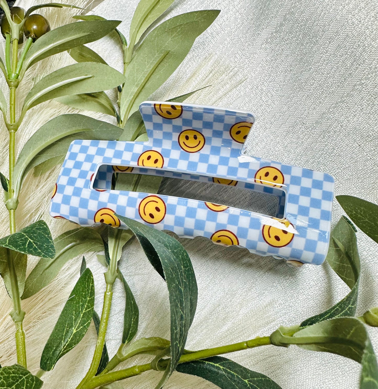 Jumbo Checkered Smiley Hair Claw Clip