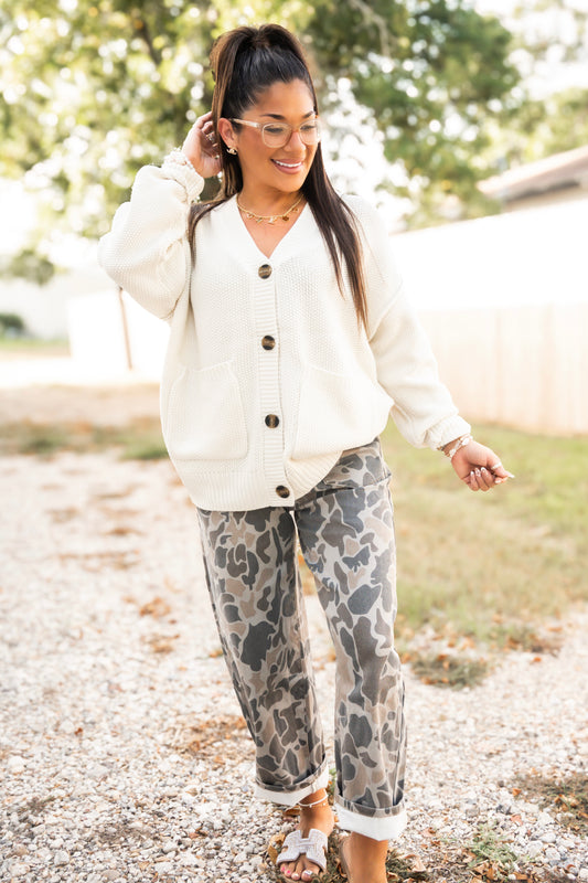 Ivory Texture Knit Button Cardigan