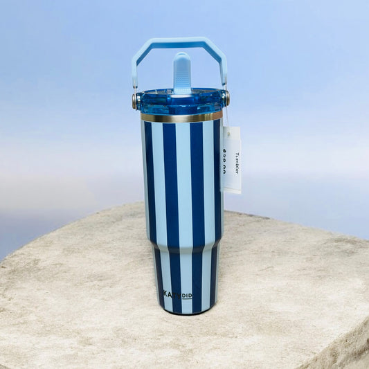 Light Blue And Navy Striped Tumbler with Handle