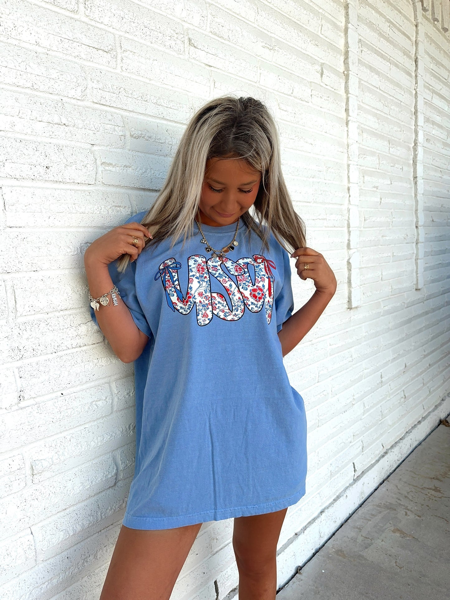 Red, White, Blue Floral Bow graphicTop