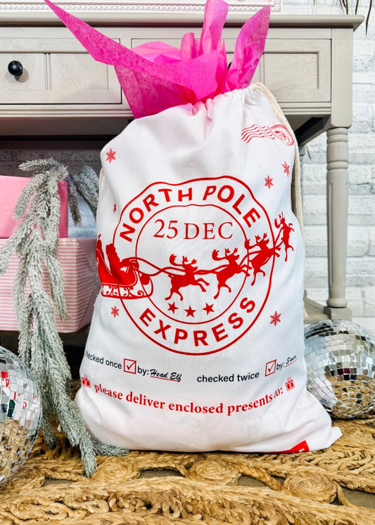 White Christmas Santa Drawstring Sack