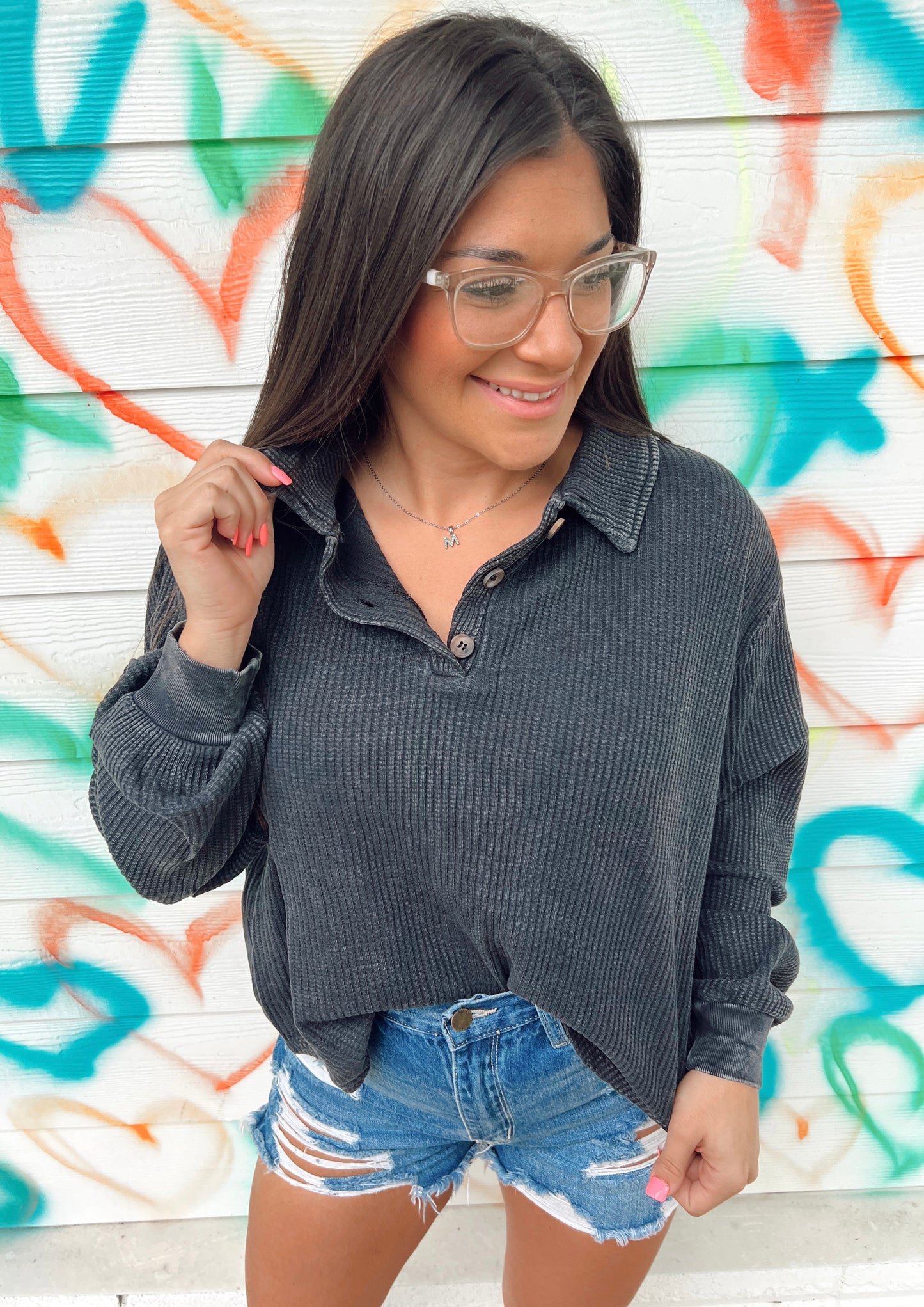 Black Waffle collar Crop Sweater