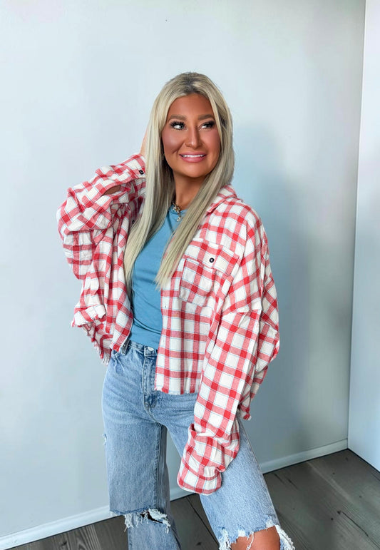 Frayed Edge Plaid Button Down Top