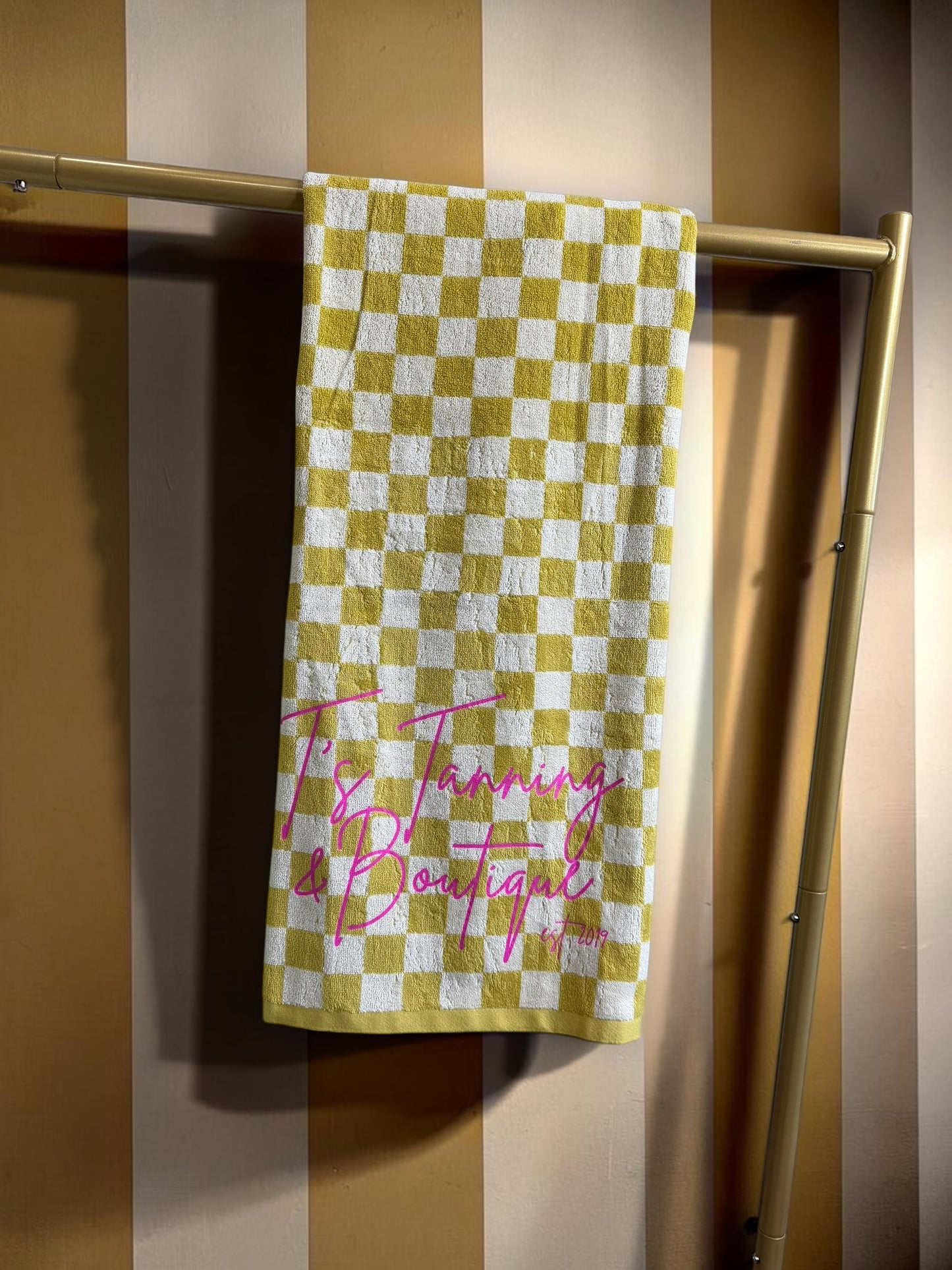 Yellow Checkered T's Tanning Beach Towel