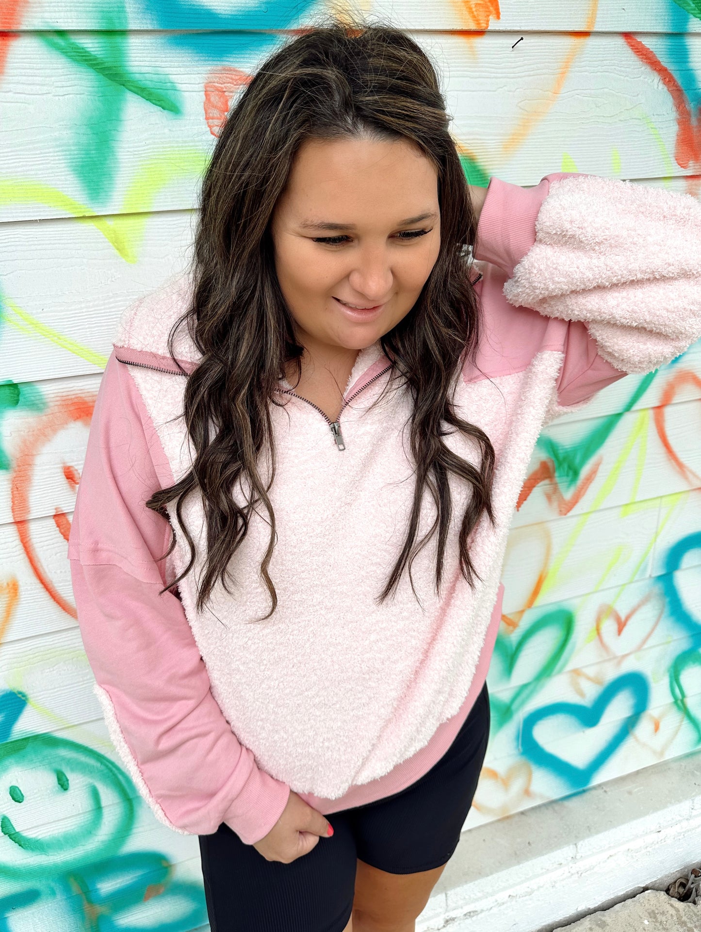 Pink Fuzzy Patchwork Zip Sweatshirt