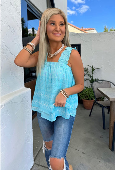 Sky Blue Ruffled Wide Strap Tank Top