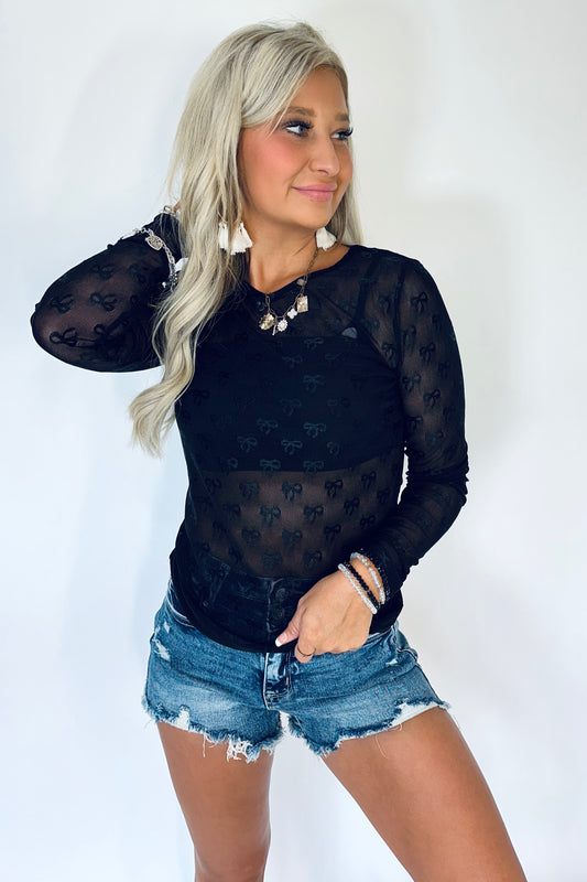 Mesh Black Bow Long Sleeve Top