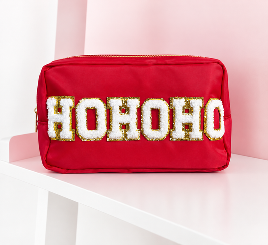 Red Glitter HoHoHo Zipper Makeup Bag