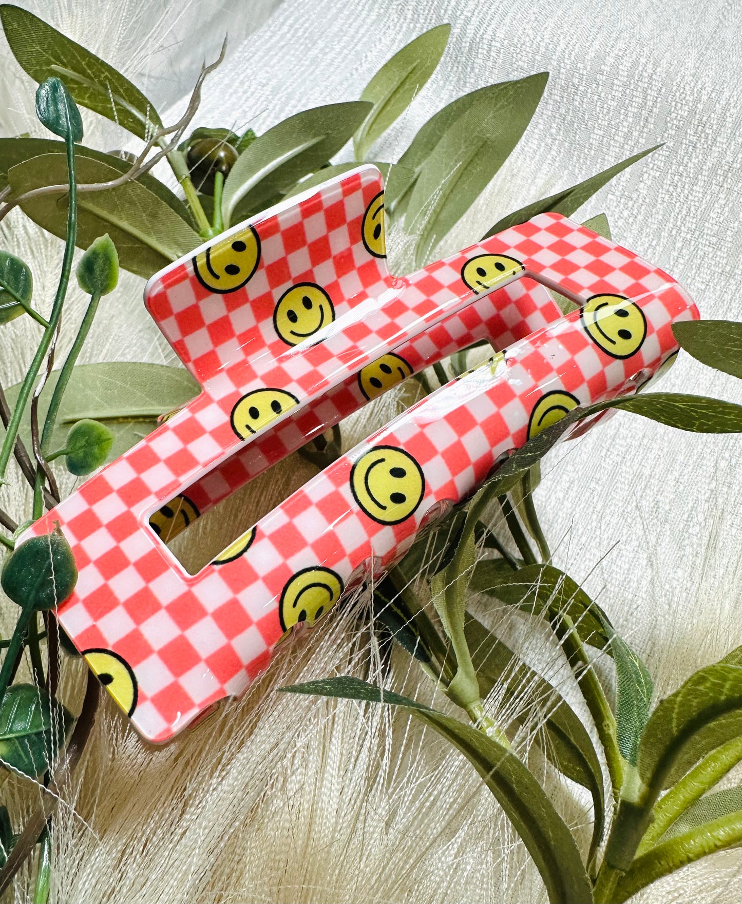 Jumbo Checkered Smiley Hair Claw Clip