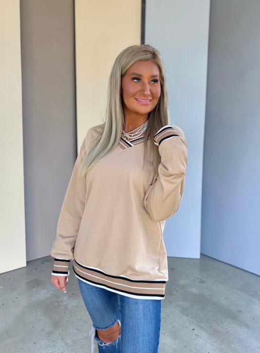 Varsity Contrast Striped Beige Sweatshirt Top