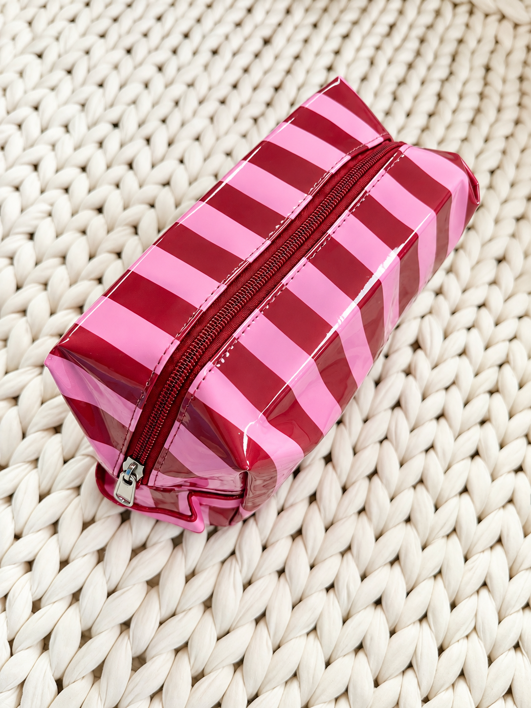 Striped Vinyl Zipper Makeup Bag