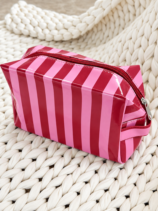 Striped Vinyl Zipper Makeup Bag