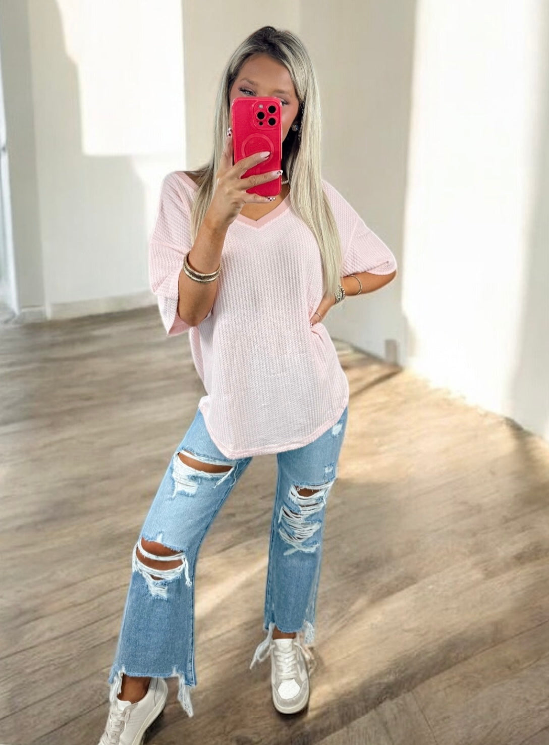 Bubblegum Breeze Drop Shoulder V-Neck Top
