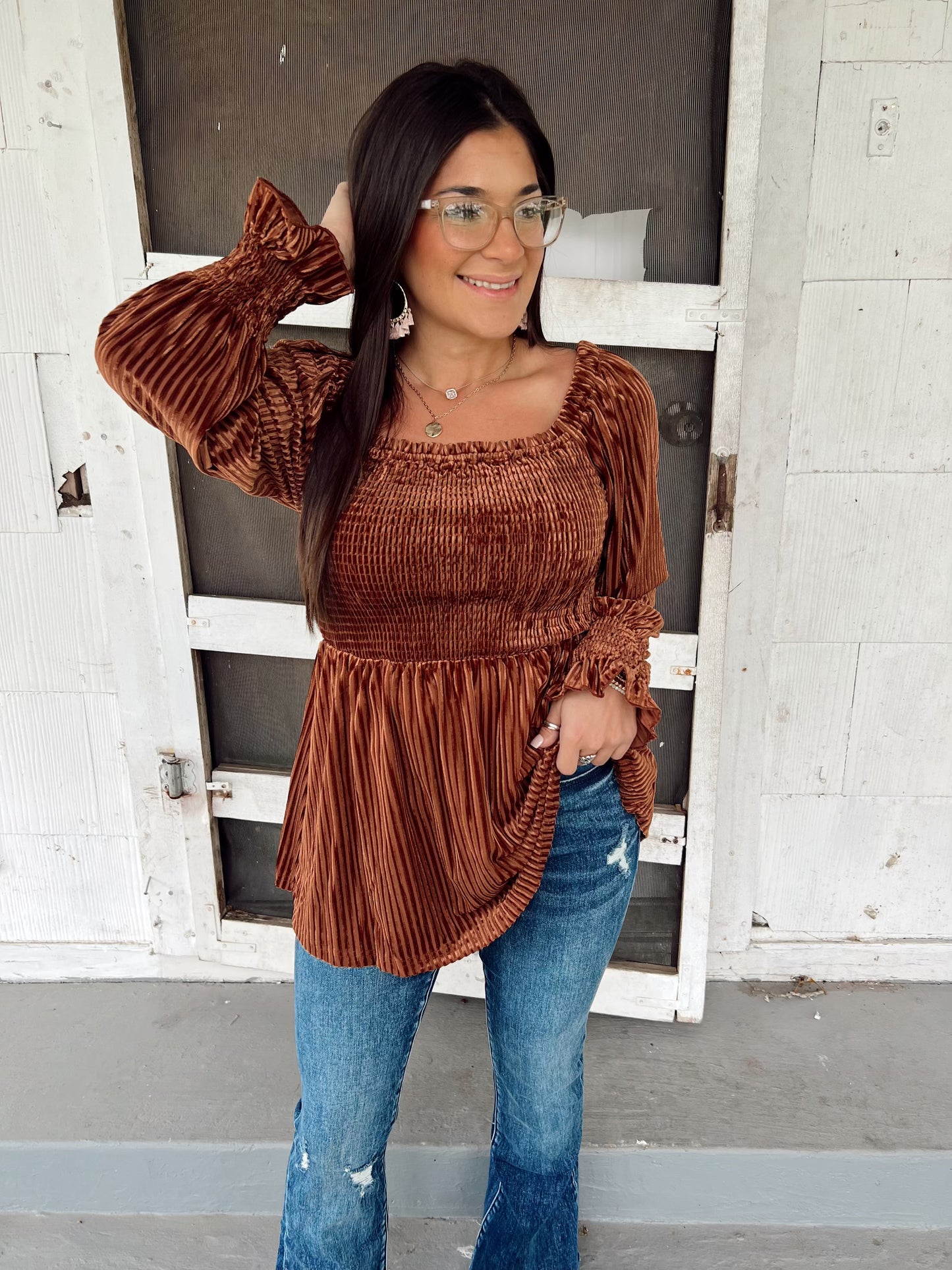 Brown Smocked Ribbed Blouse Top