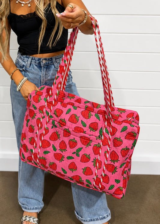 Red Strawberries Quilted Duffle Bag