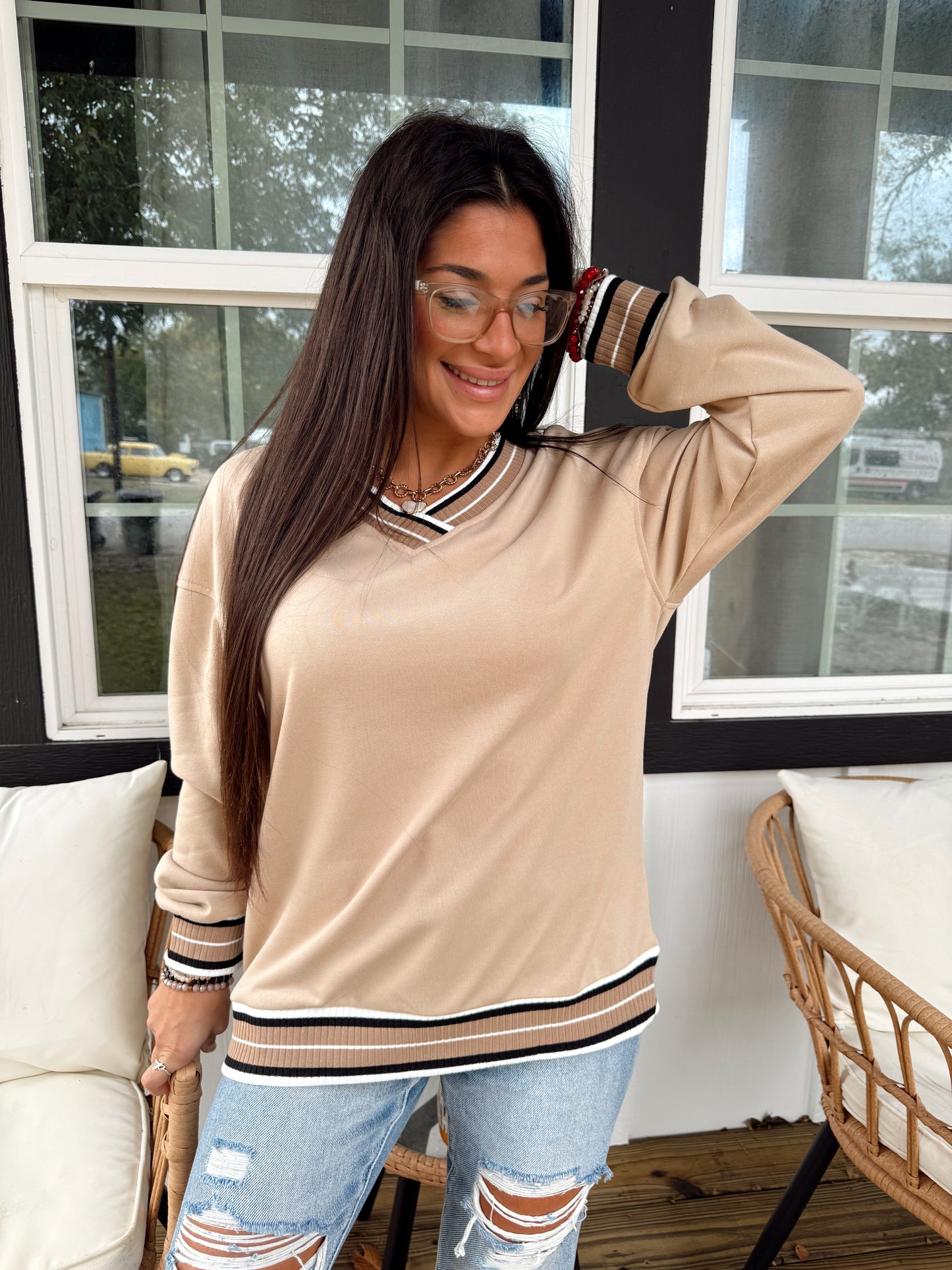 Varsity Contrast Striped Beige Sweatshirt Top