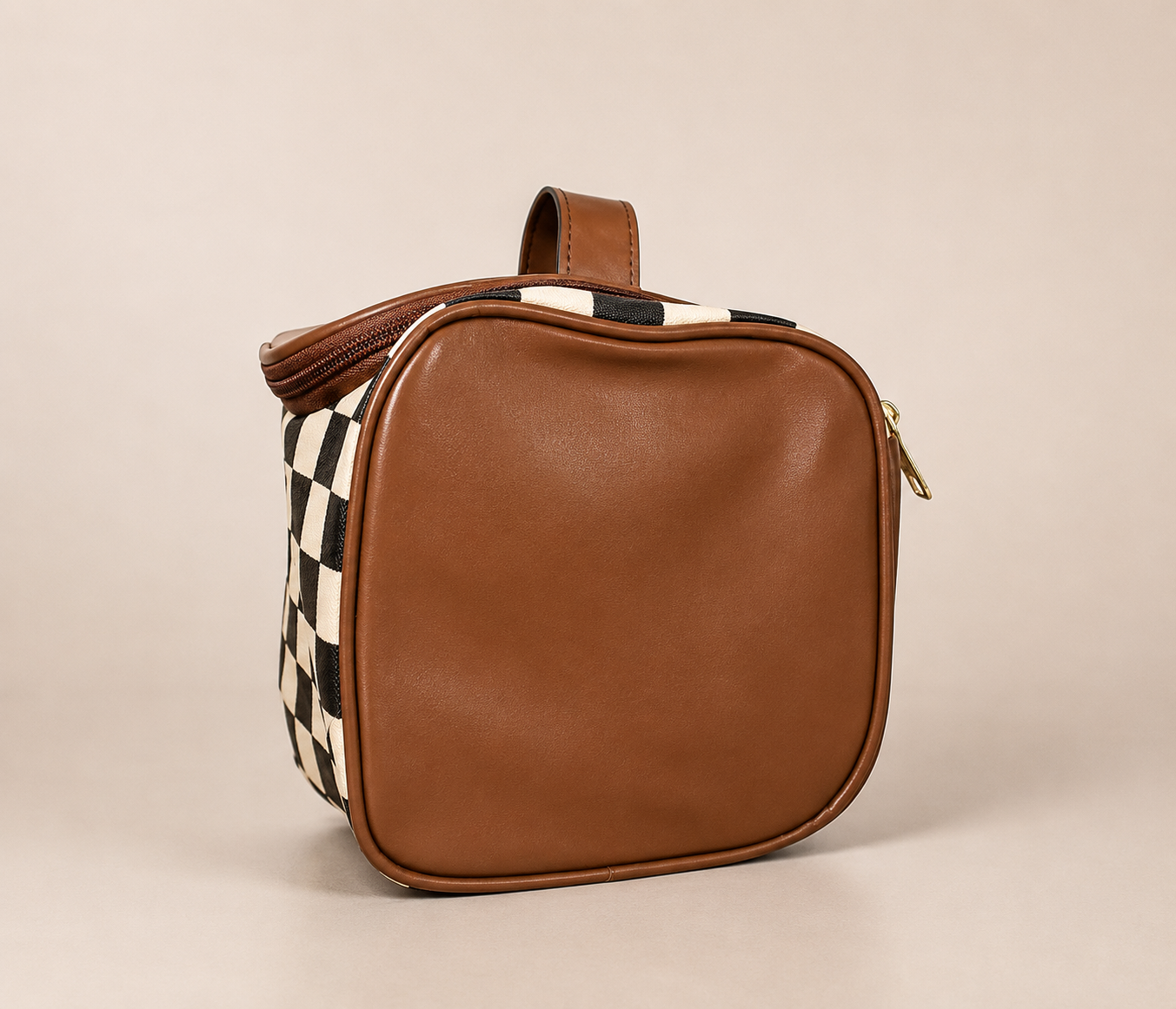 Checkered Leather Zipper Makeup Bag
