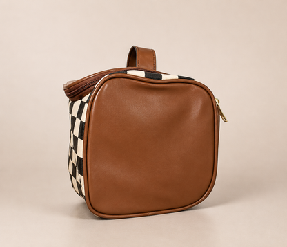 Checkered Leather Zipper Makeup Bag