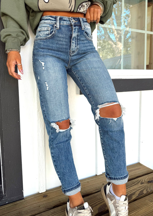 High Standards Distressed Mom Jeans