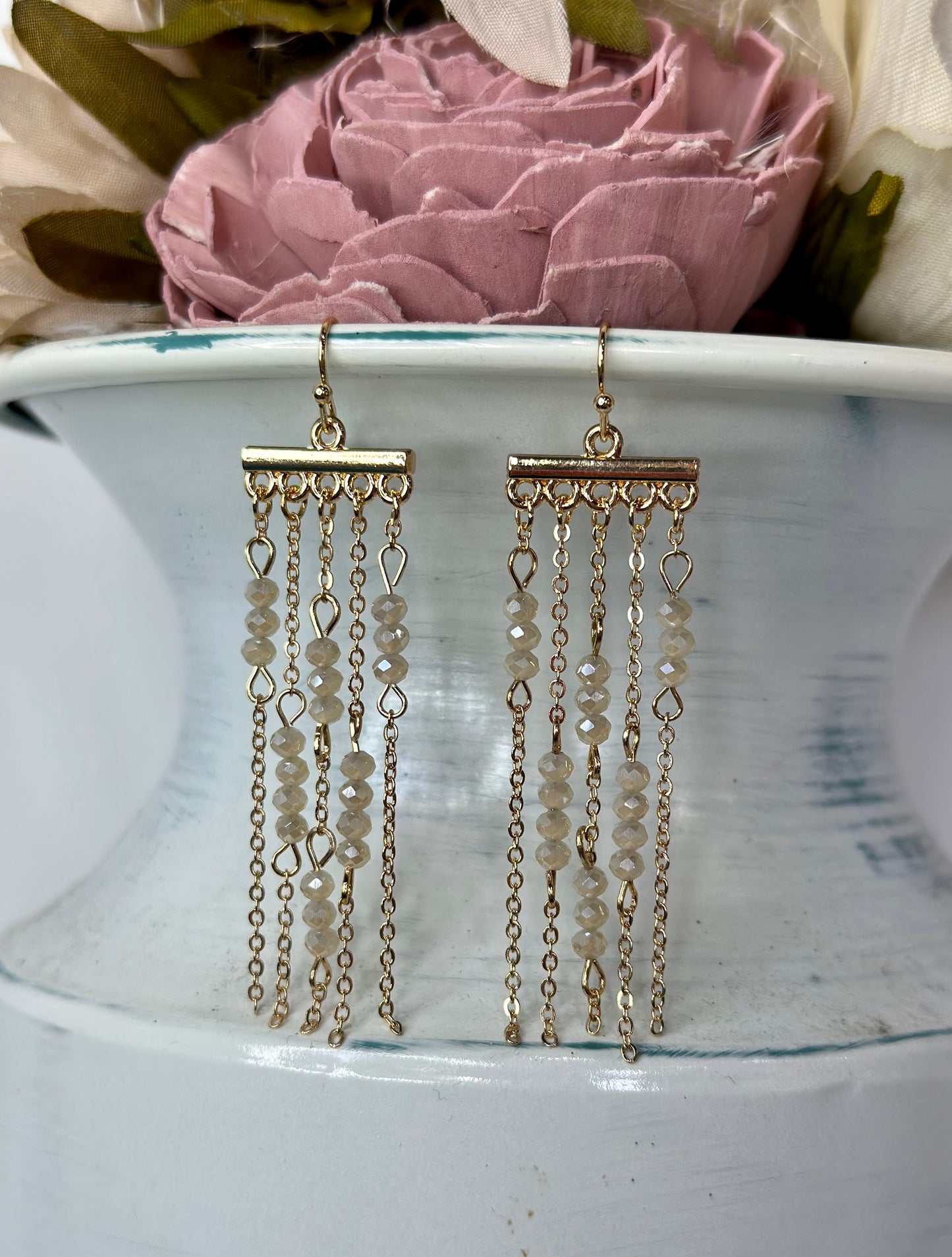 Gold Chain And Natural Crystal Tassel Earrings
