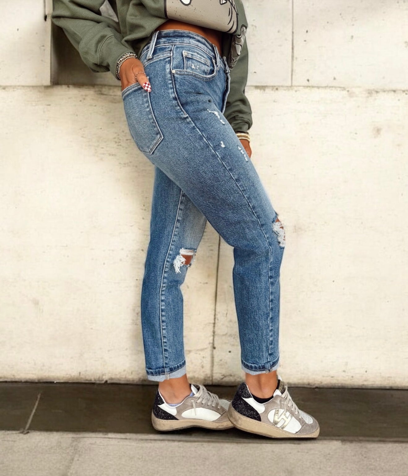 High Standards Distressed Mom Jeans