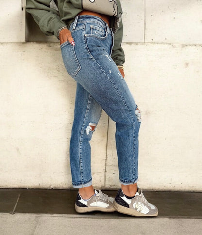 High Standards Distressed Mom Jeans