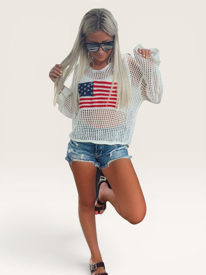 Hollow Knit American Flag Hoodie Sweater