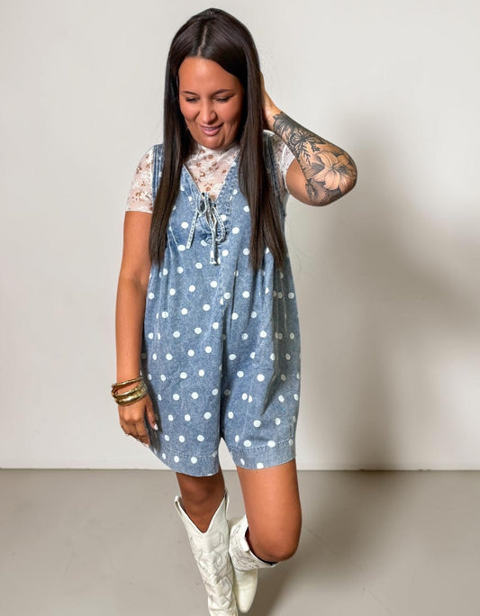 Blue Polka Dot Pleated Denim Romper