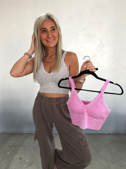 Stone Wash Sculpt V‑Neck Crop Tank Top